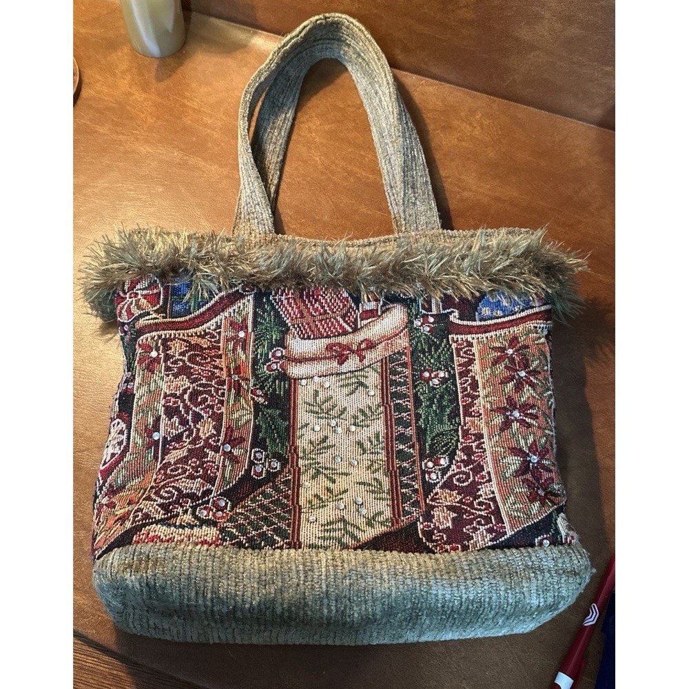 VTG Handmade Tapestry Christmas Tote Bag with Christmas Stockings And Bling